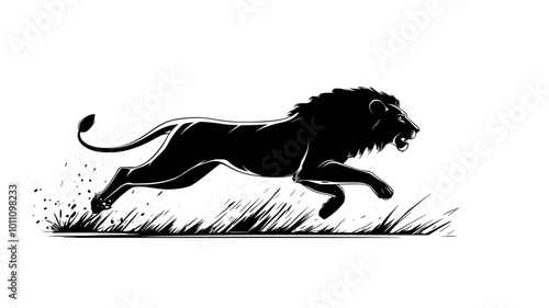 Lion running at full speed across plains, legs stretched mid-motion, vector illustration art