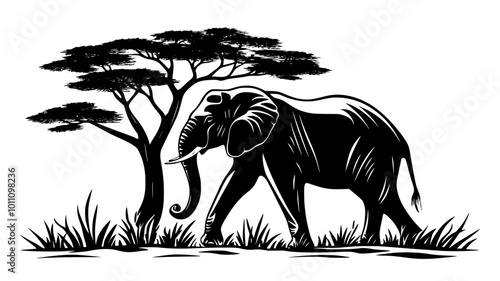 Large elephant walking slowly through field of scattered trees, vector illustration art