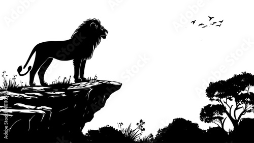 A lion stands majestically on a rock outcropping, overlooking a vast savanna landscape, vector illustration art