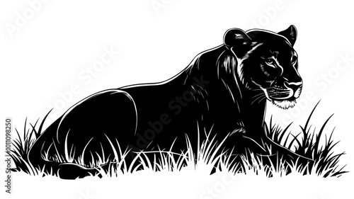 Lioness crouching low in grass, poised to spring, vector illustration art