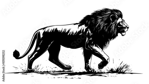 Lion walking along dusty path, eyes forward, moving steadily, vector illustration art photo