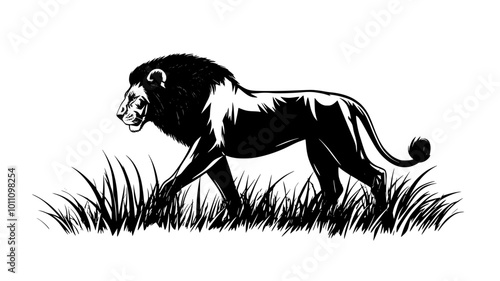 Lion walking slowly through tall grass, muscles tense, on alert, vector illustration art