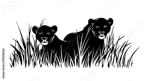 Lions stalk through tall grass, their ears forward, alert and focused on their prey, vector illustration art