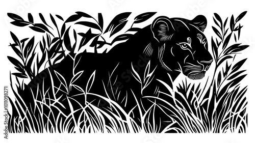 Lioness stalking prey from the cover of bushes in a hunting stance, vector illustration art