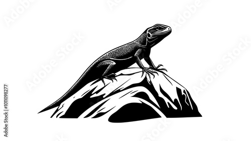 Lizard perched on a rock, body still, head tilted slightly upward, vector illustration art