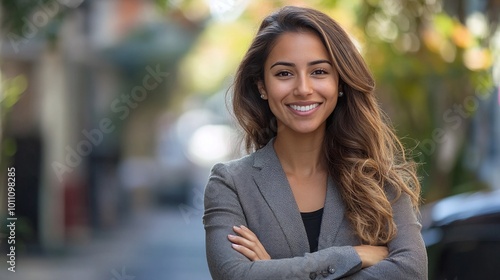 professional confident businesswoman smiling and standing outdoors on the street with arms crossed showcasing her positive attitude and success as a female entrepreneur