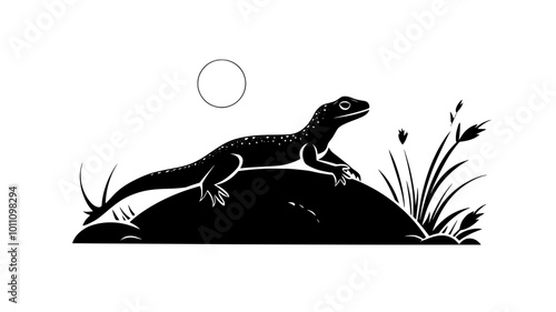 Lizard basking in the sun on a boulder with legs splayed, vector illustration art