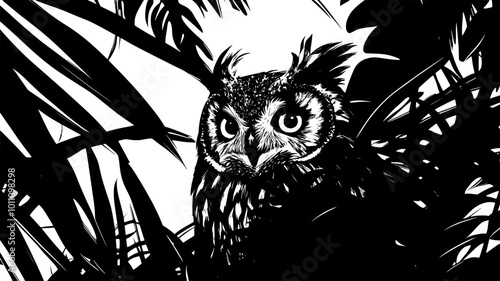 Long-eared owl roosting in dense forest undergrowth, vector illustration art
