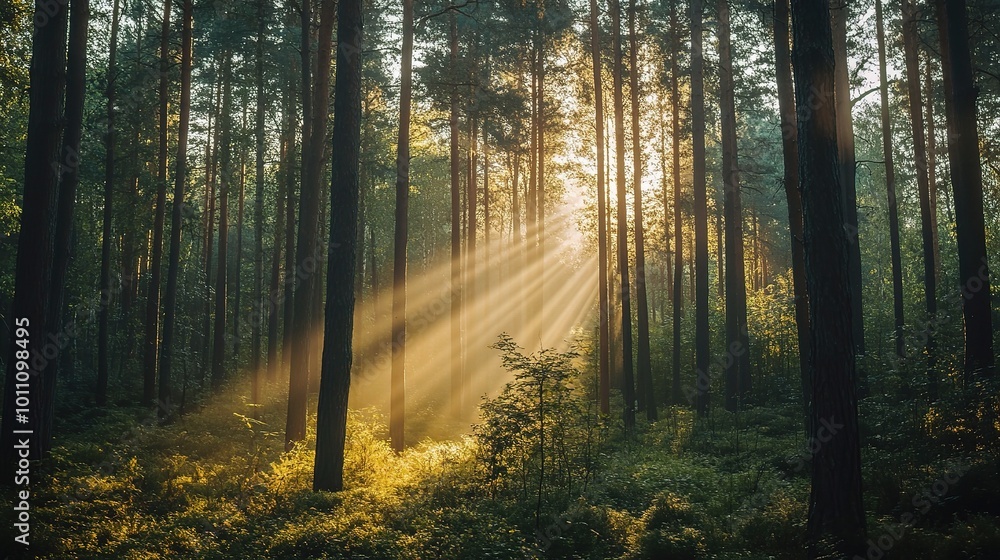Sunlight Streaming Through Forest Trees at Dawn Sunlight Streaming Through Forest Trees at Dawn