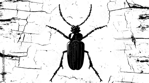Longhorn beetle with antennae extended on tree bark, vector illustration art