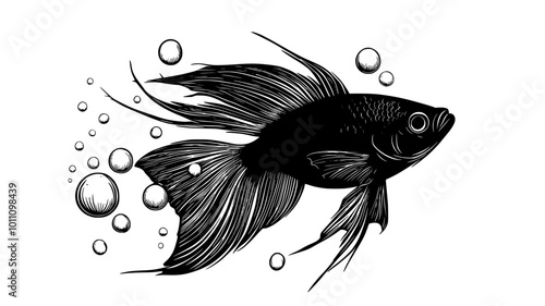 Male betta tending bubble nest at water surface, vector illustration art