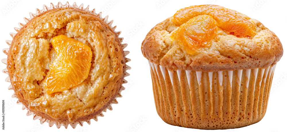 Top View and Side View of Freshly Baked Apricot Muffins with Juicy Orange Segments, Isolated on Transparent Background, Ideal for Breakfast, Snack, and Bakery Concepts Top View and Side View of Freshly Baked Apricot Muffins with Juicy Orange Segments, Isolated on Transparent Background, Ideal for Breakfast, Snack, and Bakery Concepts