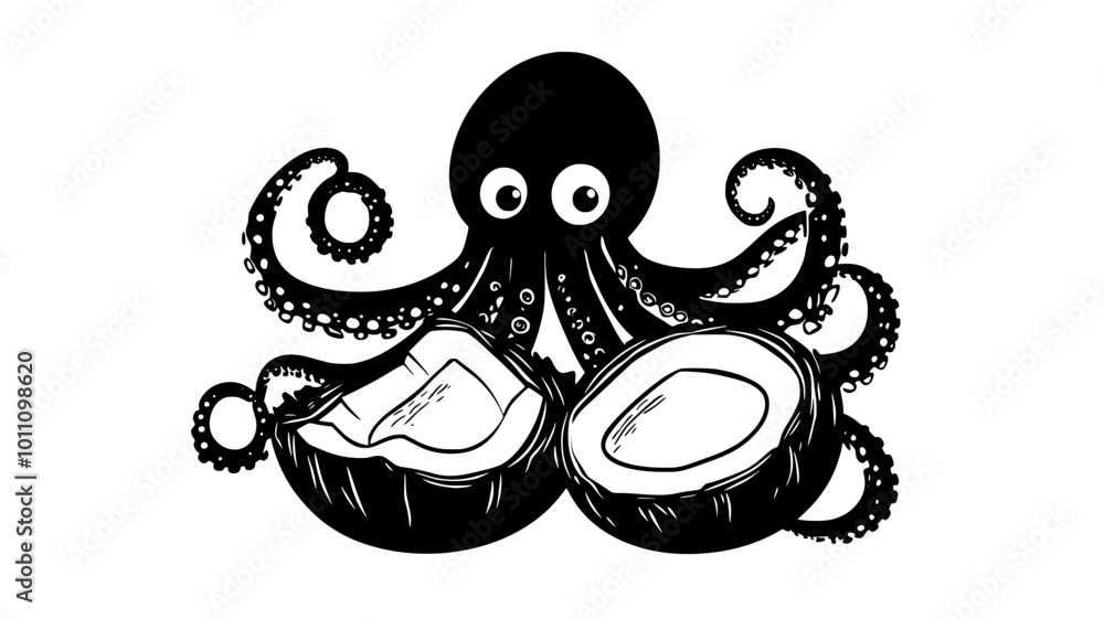 Obraz premium Octopus carrying two coconut shell halves as a makeshift portable shelter, vector illustration art