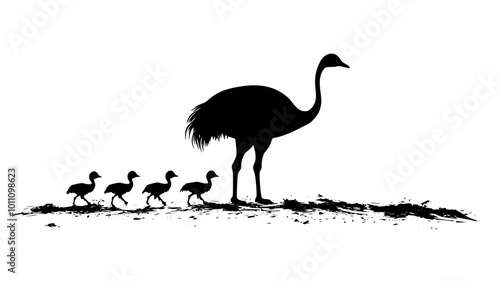 Ostrich chicks following an adult across a dusty landscape, vector illustration art