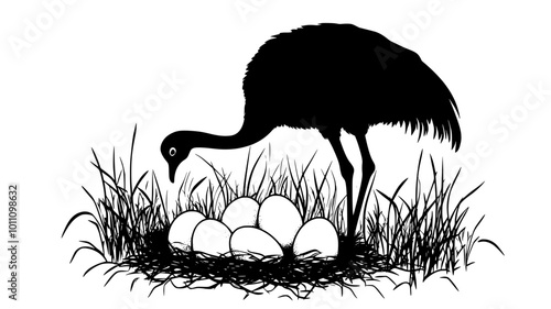 Ostrich nest depression in the ground containing large eggs, vector illustration art