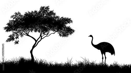 Ostrich extending neck to reach leaves high in tree, vector illustration art