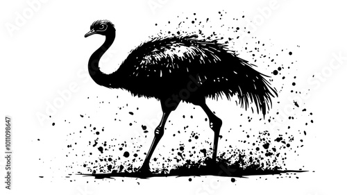 Ostrich taking dust bath, fluffing feathers in dirt, vector illustration art