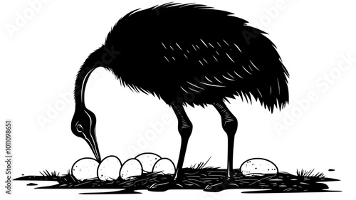 Ostrich using beak to turn eggs in ground nest, vector illustration art