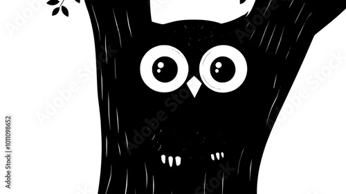 Owl peering out of tree hollow with large eyes visible, vector illustration art