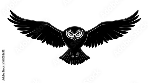 Owl in flight with wings spread silently approaching prey, vector illustration art