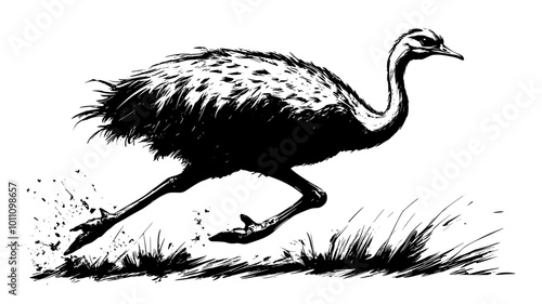 Ostrich running at full speed across the African savanna, vector illustration art
