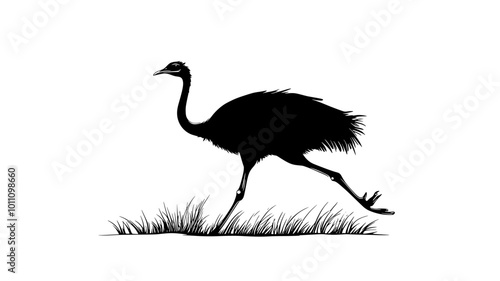 Ostrich running across the savanna with neck extended forward, vector illustration art