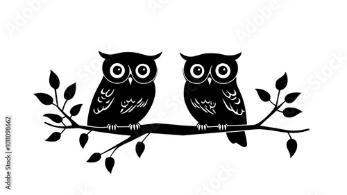 Pair of owls engaged in a courtship ritual on a branch, vector illustration art