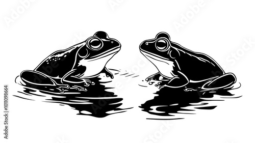 Pair of frogs in amplexus position floating on pond surface, vector illustration art