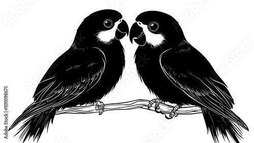 Pair of lovebirds preening each other’s feathers, vector illustration art