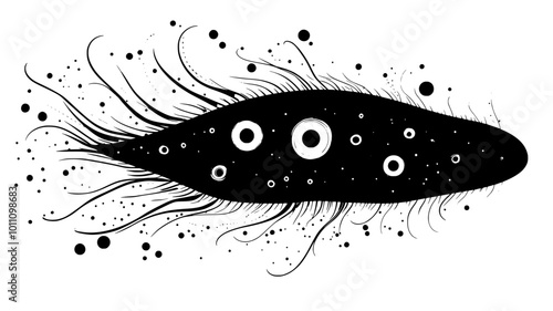 Paramecium swimming through a watery environment, propelled by its numerous cilia, vector illustration art