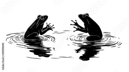 Pair of frogs in amplexus position floating on pond surface, vector illustration art