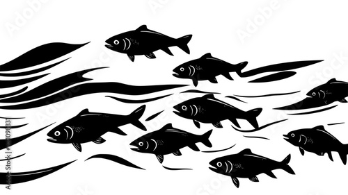 School of salmon swimming upstream in river, vector illustration art