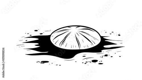A sand dollar lies flat on the ocean floor, partially covered by sand, vector illustration art