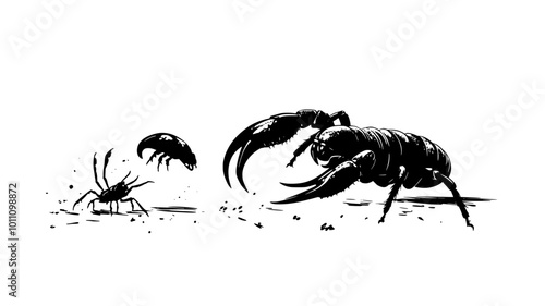 Scorpion using pincers to catch insect prey, vector illustration art