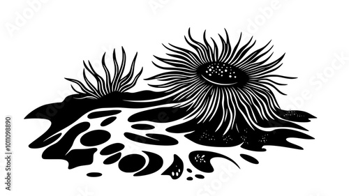 A sea anemone situated among coral, its tentacles providing protection for small marine species, vector illustration art