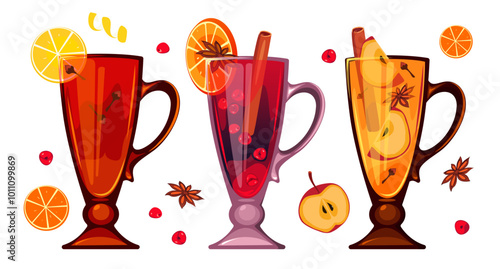 A set of hot winter drinks. Mulled wine, grog, apple punch. Warm seasonal winter drink. Vector illustration.