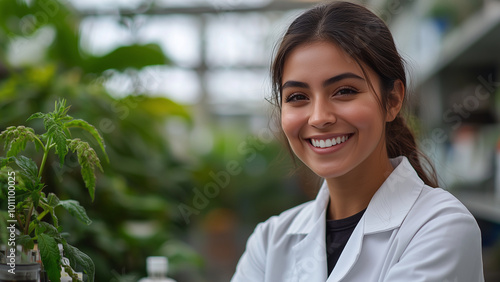 Latino Hispanic Woman Biologist - botanic, greenhouse, scientist, research, plants, lab coat, smile, female, agriculture, biology, laboratory, environment, indoor, nature photo