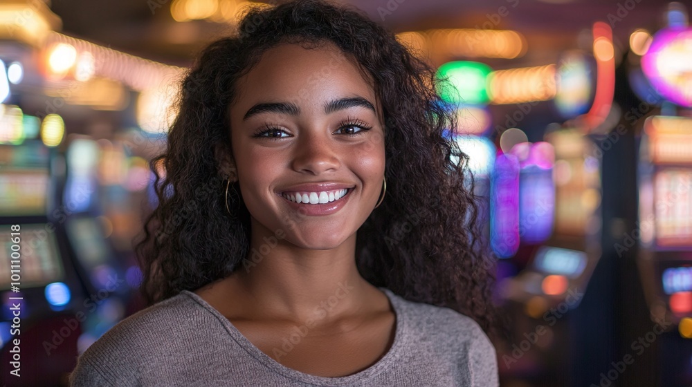 happy young woman playing near slot machines in a casino smiling with excitement and enjoying the nightlife and fun in a vibrant gaming environment happy young woman playing near slot machines in a casino smiling with excitement and enjoying the nightlife and fun in a vibrant gaming environment