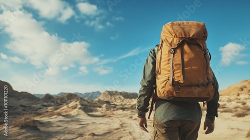 adventurer with a backpack walking through the desert from behind navigating the sandy landscape in a solo exploration trek photo