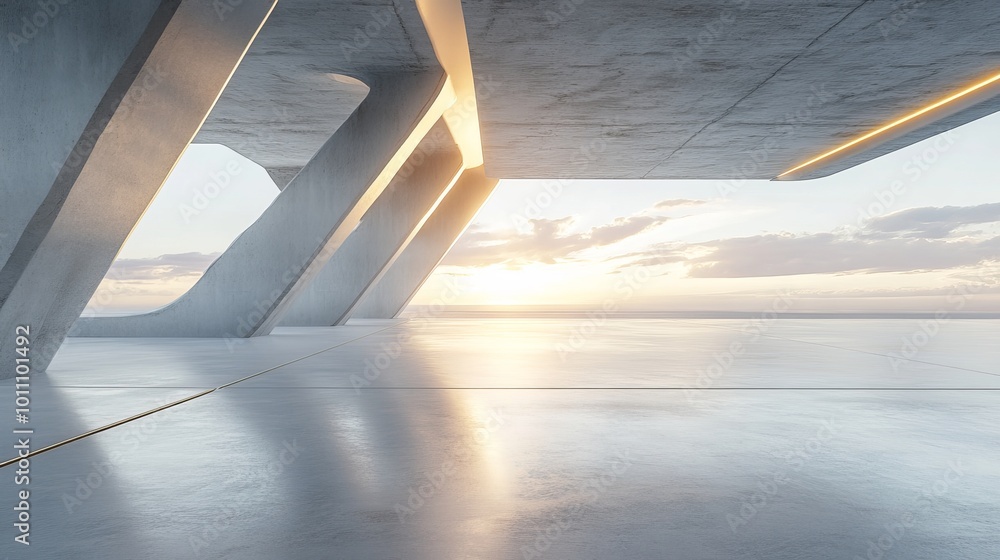 3D render of abstract futuristic architecture featuring innovative designs and flowing forms, accompanied by an empty concrete floor, creating an ideal scene for car presentations 3D render of abstract futuristic architecture featuring innovative designs and flowing forms, accompanied by an empty concrete floor, creating an ideal scene for car presentations
