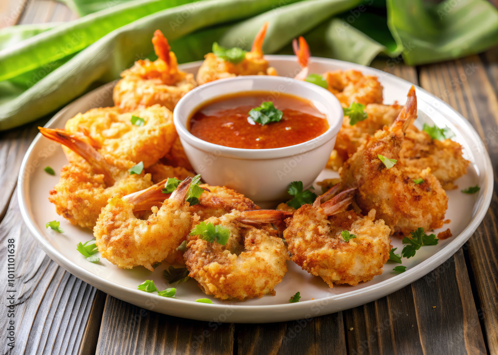 Crispy coconut shrimp served with tangy dipping sauce, garnished with fresh herbs, perfect for delightful appetizer or snack. Enjoy delicious flavors! Crispy coconut shrimp served with tangy dipping sauce, garnished with fresh herbs, perfect for delightful appetizer or snack. Enjoy delicious flavors!