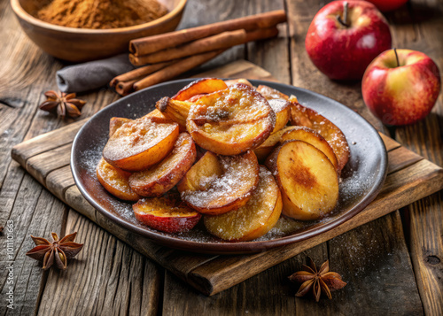 Delicious cinnamon apples glistening on plate, surrounded by fresh apples and spices, evoke warm, inviting atmosphere perfect for any kitchen