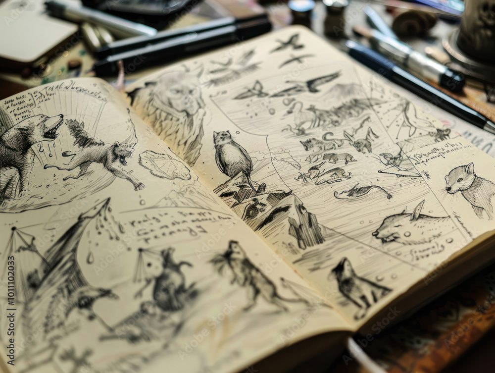 A dream journal where drawings of common dream scenarios like water, animals, and teeth falling out are shown. A dream journal where drawings of common dream scenarios like water, animals, and teeth falling out are shown.