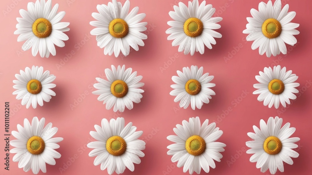 Set of daisy flower icons isolated on pink background, vector illustration featuring simple and elegant floral designs, perfect for spring-themed projects, graphic design elements, greeting cards, and Set of daisy flower icons isolated on pink background, vector illustration featuring simple and elegant floral designs, perfect for spring-themed projects, graphic design elements, greeting cards, and