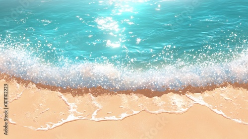 Overhead view of a turquoise ocean wave breaking onto a sandy beach.