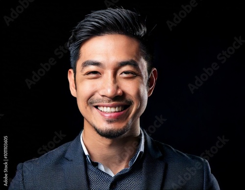 close up of a smiling young asian man, black background 