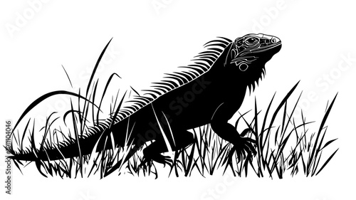 Iguana crawling through tall grass, body low to the ground, vector illustration art
