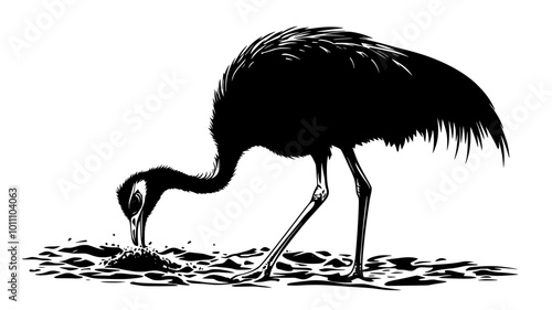 Ostrich digging into the ground with its beak, searching for food, vector illustration art