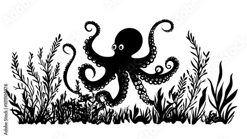 Octopus displaying fully extended tentacles while interacting with nearby sea plants, vector illustration art