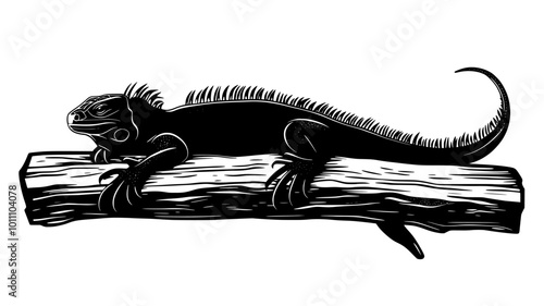 Iguana resting on a wide log, head raised while body remains still, vector illustration art